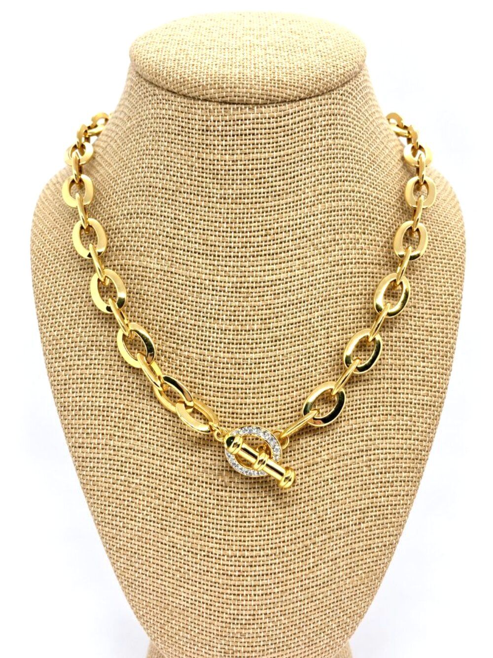 VINTAGE NOLAN MILLER Necklace Gold Tone Oval Link Pavé Toggle Blue Cabochon